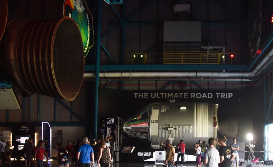 The Command/Service Module (CSM) in profile, on display at the Kennedy Space Center.